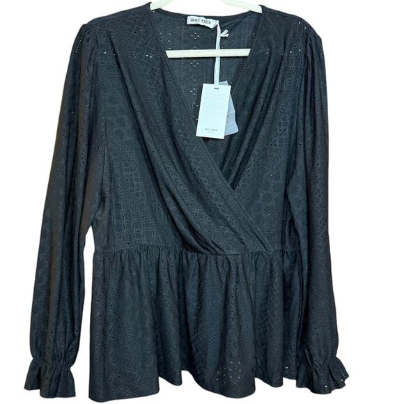 Grace Karin Tops - NWT Grace Karin black eyelet textured long sleeve faux wrap blouse Women's 2X